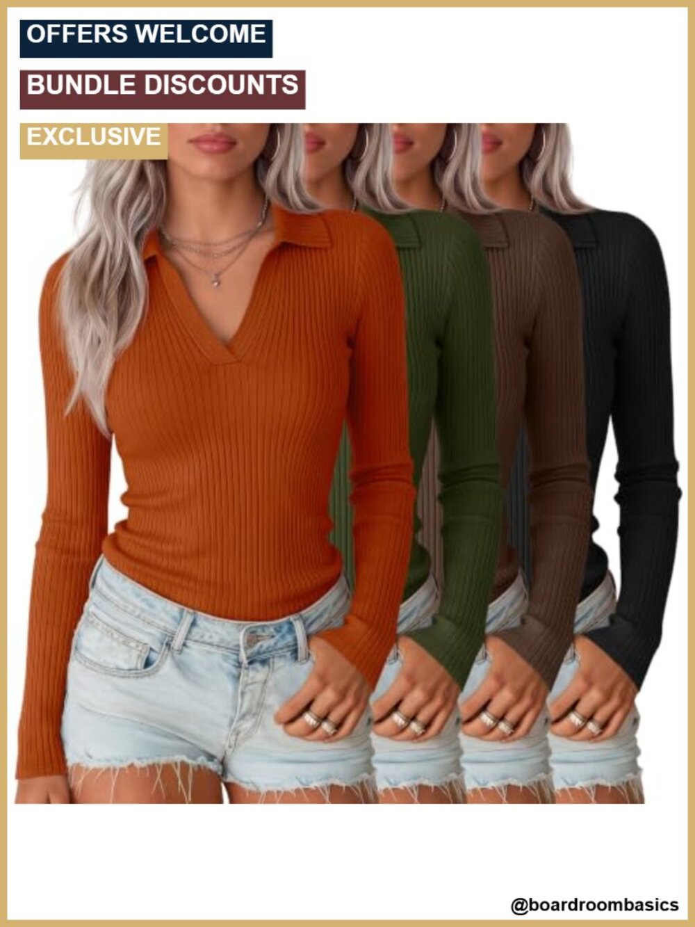 4 Pack Women's Long Sleeve Polo Shirts Cotton Spandex Ribbed Knit